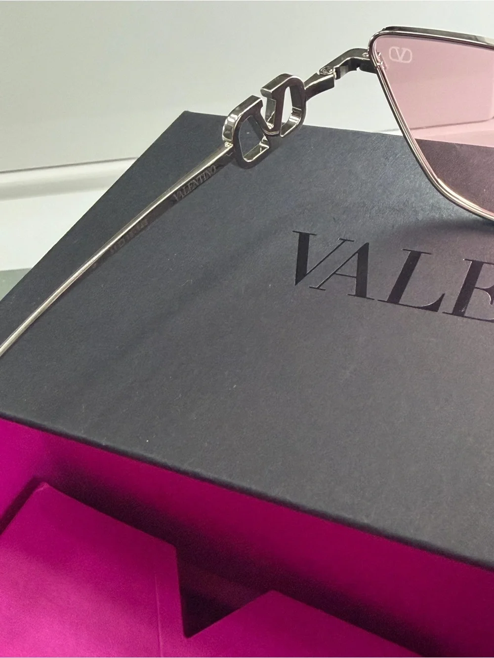 Valentino Pink Lens Silver Cat-Eye Sunglasses